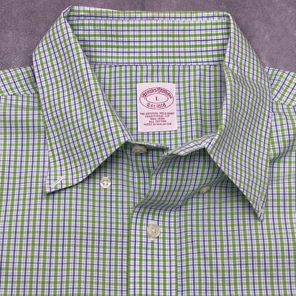 Brooks Brothers Other - Brooks Brothers Button Down Mens L Green Blue Check Traditional Fit Short Sleeve
